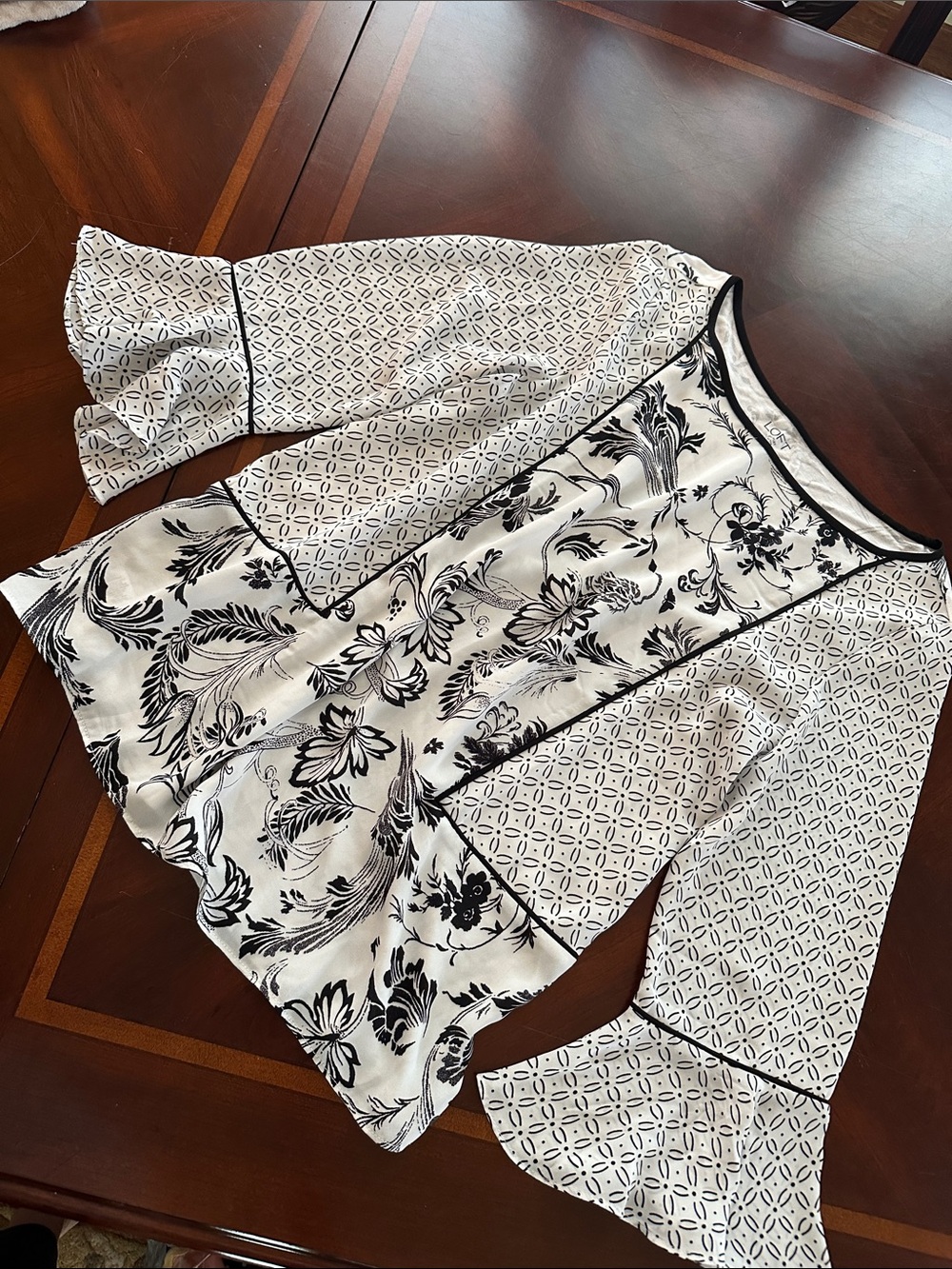 LOFT Black & White Mixed-Print Floral Blouse